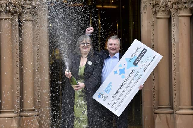 Frances and Patrick Connolly from Moira in Northern Ireland celebrate becoming the fourth biggest National Lottery winners ever after scooping an incredible £114,969,775.70 EuroMillions jackpot.   Photo by Stephen Hamilton/Presseye