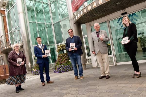 L-R: Helen Rankin, chair of Carrickfergus & District Historical Society, the Mayor of Mid and East Antrim, Cllr Peter Johnston, autor Sean MacIntyre, local historian John Hulme and Shirin Murphy, Carrickfergus Museum.