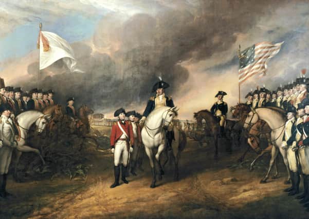 Surrender of Lord Cornwallis by John Trumbull: This painting depicts the forces of British Major General Charles Cornwallis, 1st Marquess Cornwallis (1738–1805) (who was not himself present at the surrender), surrendering to French and American forces after the Siege of Yorktown (September 28-October 19, 1781) during the American Revolutionary War. The central figures depicted are Generals Charles O'Hara and Benjamin Lincoln. The United States government commissioned Trumbull to paint patriotic paintings, including this piece, for them in 1817, paying for the piece in 1820.