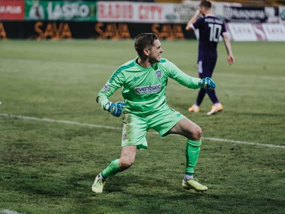 Gareth Deane celebrates Coleraine’s penalty shoot-out win over Maribor. PICTURE: David Cavan