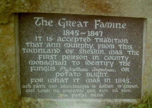 It is reputed that Phytophthora infestans or potato blight made its first appearance in Ireland in the townland of Sheskin, Co Monaghan in August 1845, about three miles outside of the village of Scotstown, which notoriety is now marked by the Famine Stone located at the bottom of Black Hill in the locality