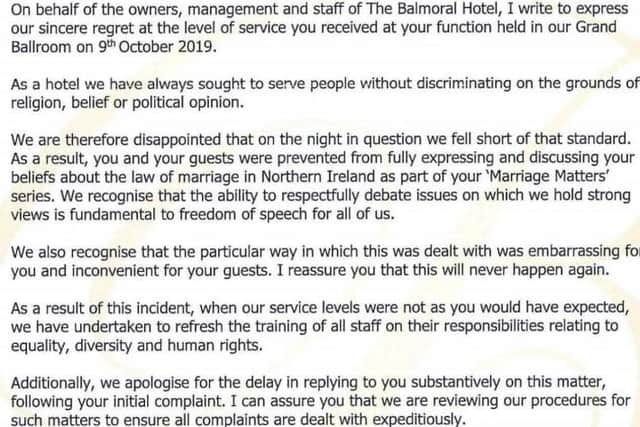 The apology from the Balmmoral Hotel in Belfast to Rev Harry Coulter from Carrickfergus Reformed Presbyterian Church.