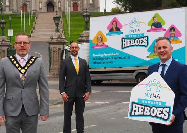 NIFHA Housing Heroes Roadshow  stopped in Armagh, where it was welcomed by Mayor Kevin Savage. Included are - Patrick Thompson and Ben Collins from NIFHA.