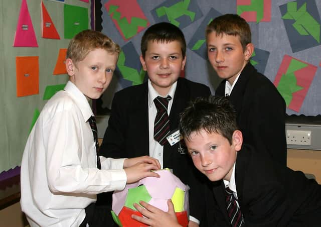Cullybackey High School students Alex Moore, Andrew Gillespie, Ryan Millar and Cameron Williamson who took part in the schools 'Fibonnace' Maths Fun Day. BT24-120JC