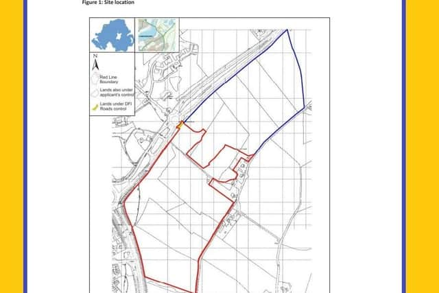 Red is the current development, blue marks the area also owned by the same landowner