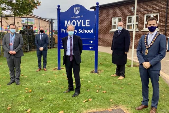L-R: Gareth Hamilton, principal,  Gordon Lyons MLA, Education Minister Peter Weir, Rev Dr Paul Reid, chair of board of governors and the Mayor of Mid and East Antrim, Cllr Peter Johnston at Moyle Primary School.