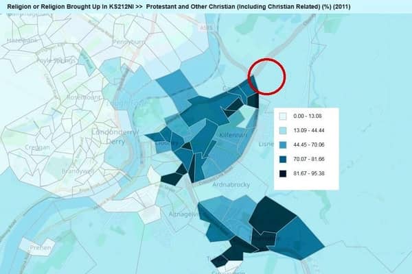 The attached image shows in blue the spread of Protestants in the city (with darker blue representing higher numbers), and the site of the development marked in red
