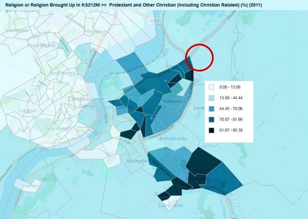 The attached image shows in blue the spread of Protestants in the city (with darker blue representing higher numbers), and the site of the development marked in red