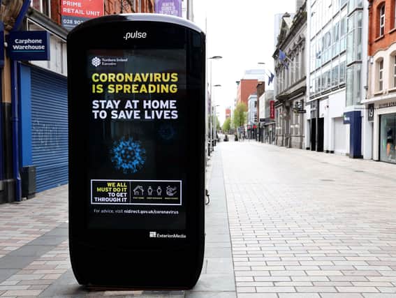 PACEMAKER PRESS BELFAST
18/4/2020
Belfast City Centre today amid the coronavirus pandemic. Police patrols have been increased over the last week in a bid to tackle the spread of coronavirus and fines are now being issued to people who breach restrictions. 
Photo Pacemaker Press