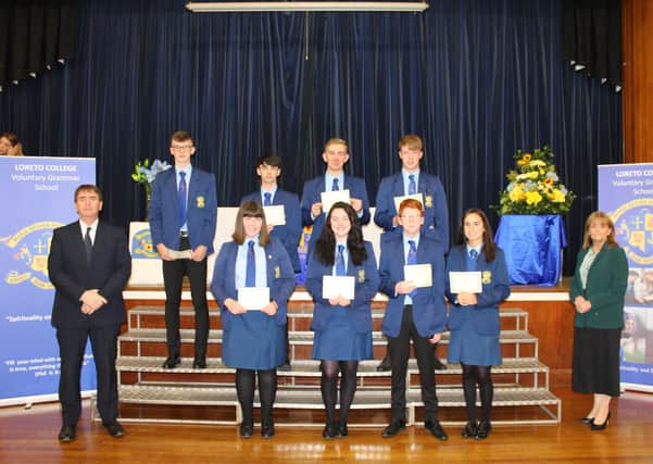 Loreto College Year 13 students who received awards based on their outstanding GCSE results