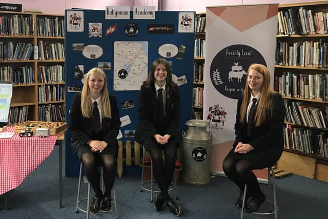 Ballymena Academy team: Pictured are from left Rebecca Robinson, Beth Hanna and Jessica Livingston who are reached the semi-final of the ABP Angus Youth Challenge team