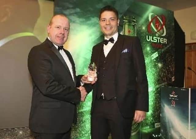 Stephen Warnock (Kerr’s Tyres), presents the Kerr’s Tyres Referee of the Year award to Chris Busby, during the 2018 Heineken Ulster Rugby Awards at La Mon Hotel, Belfast. Photo by John Dickson / DICKSONDIGITAL