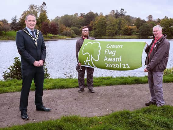 Chair of Mid Ulster District Council, Councillor Cathal Mallaghan is pictured with council Parks staff at Dungannon Park, one of the three sites in Mid Ulster to receive Green Flag Awards this year.