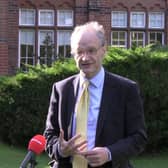 Stormont Education Minister Peter Weir speaking to the media about the latest coronavirus restrictions during a visit to Lurgan College, Co Armagh.