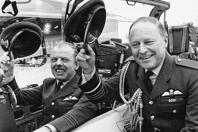 Members of the Central Band of the Royal Air Force provided a fanfare to announce formal acceptance by the RAF of the first Tucano produced by Shorts in Belfast at the end of January, 1987. Among those who raised their caps to the success of the new trainer were Air Chief Marshall Sir David Harcourt-Smith, right, and Squadron Leader AI Watson, who was to train RAF pilots in the Tucano. Picture: News Letter archives