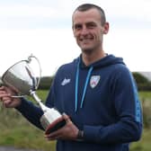 Coleraine manager Oran Kearney picks up NI Football Awards Manager of the Year trophy from NIFWA Chairman Stuart McKinley
