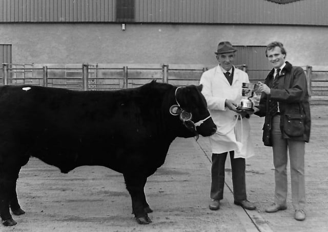 Laheens Berty was the supreme champion, at the first premier show and sale held by the Northern Ireland Aberdeen Angus Club in October 1987 which was held at Dungannon Farmers' Mart at Granville. The cow was owned by Fred Rea of Glarryford. Mr Rea is pictured receiving the championship award from Stephen Crawford, cattle adviser, John Thompson and Sons Ltd. Picture: Farming Life archives