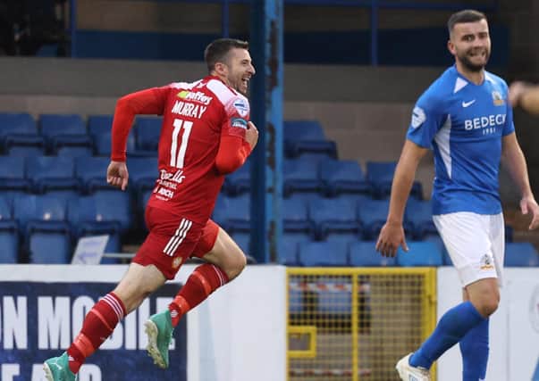Stephen Murray celebrates scoring for Portadown at Mourneview Park against former club Glenavon. Pic by Pacemaker.