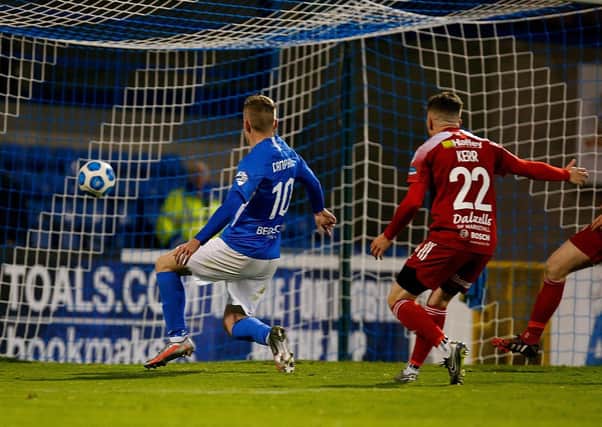 Peter Campbell cuts the gap to 2-1 with a goal on his league debut for Glenavon in Saturday’s derby defeat. Pic by Pacemaker.
