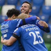 Andy Waterworth celebrating on Saturday against Carrick Rangers. Pic by Pacemaker.