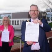 Lord Mayor Councillor Kevin Savage is joined by Chairman of Armagh, Banbridge and Craigavon Sports Forum, Edith Jamison, to officially launch the nomination process for the Junior Sports Awards.