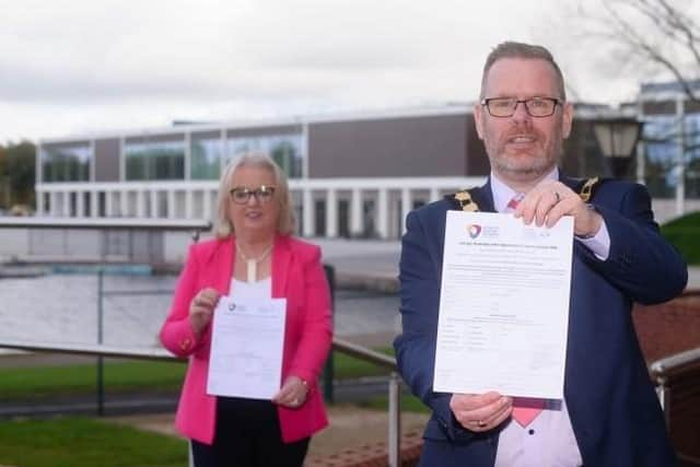 Lord Mayor Councillor Kevin Savage is joined by Chairman of Armagh, Banbridge and Craigavon Sports Forum, Edith Jamison, to officially launch the nomination process for the Junior Sports Awards.