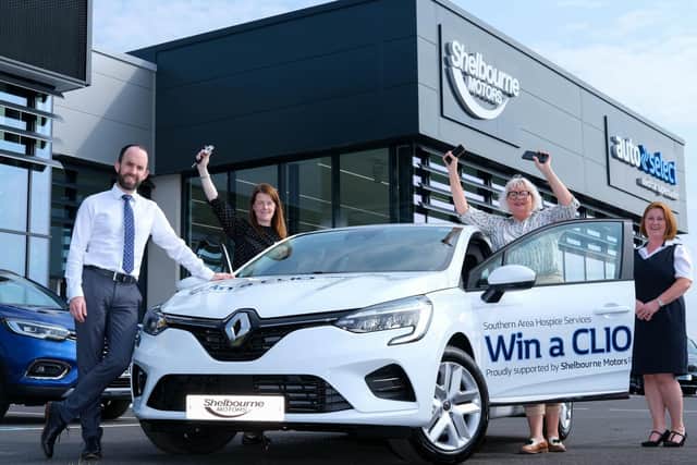 Pictured reminding people to get their entries in for the Southern Area Hospice Services ‘Win a CLIO’ competition which is in association with Renault and Shelbourne Motors, AbbeyAutoline and the Oaks Shopping Centre are (left to right) Ronan Marshall, Group Marketing Manager, Shelbourne Motors; Anne Mac Oscar, Fundraising Officer, Southern Area Hospice Services; Roberta Wilson, Acting Registered Manager, Southern Area Hospice Services and Pauline O’Hanlon, Newry Branch Manager, AbbeyAutoline. Entries to win the car can be made at:
www.southernareahospiceservices.org/competition.