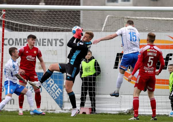 Action from Shamrock Park as Portadown host Coleraine in the Danske Bank Premiership. Pic by Pacemaker.