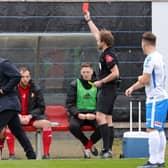 Portadown manager Matthew Tipton is sent off by referee Keith Kennedy. Pic by Pacemaker.