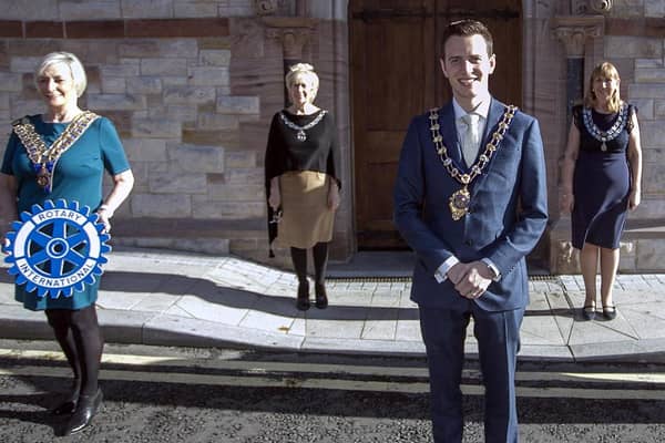 The Mayor of Mid and East Antrim, Cllr Peter Johnston, held a special reception with Rotary club presidents to mark World Polio Day (October 24), from left, Brenda Houston, Carrickfergus, Lynda Bell,  Ballymena and Carole Spence,  Larne. Since 1985 Rotary’s worldwide key humanitarian project has been to rid the world of polio.