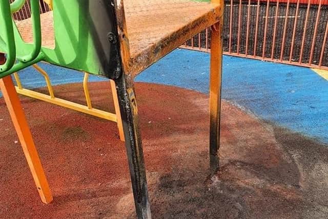 Scorch-damaged equipment at Ballyduff children’s play park.