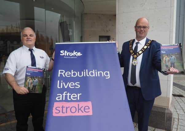 Mayor of Antrim and Newtownabbey, Cllr Jim Montgomery with Barry Macauley (Director of Stroke Association Belfast) at the launch of World Stroke Day 2020
