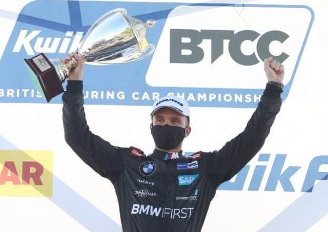 Colin Turkington celebrating at Snetterton. Pic by Jakob Ebrey.