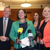 Elisha McCallion, second from right, with SF leaders Conor Murphy, Mary Lou McDonald and Michelle O’Neill at Stormont in 2018