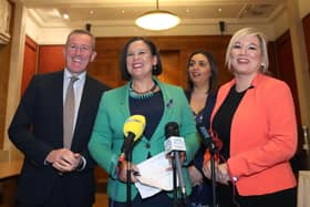 Elisha McCallion, second from right, with SF leaders Conor Murphy, Mary Lou McDonald and Michelle O’Neill at Stormont in 2018