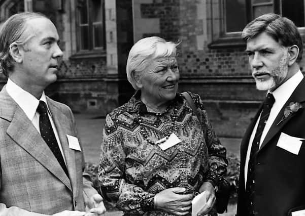 Pictured in September 1980 is Dame Margaret Miles, chairman of the Central Bureau of Educational Visits and Exchanges, who attended the opening of the bureau’s Northern Ireland office at 16 Malone Road, Belfast. She is pictured with Mr James Platt, left, director, and Mr Trevor Fannin, who was in charge of the Northern Ireland office. Picture: News Letter archives