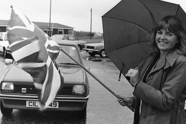 Ulster Dairy Queen, Nicola Stephens, 18, from Carryduff, helped Northern Ireland drivers test their skills on and off the road in a series of competitions in the Safe Driver of the Year contest which was held at Nutt’s Corner in September 1980. Picture: News Letter archives
