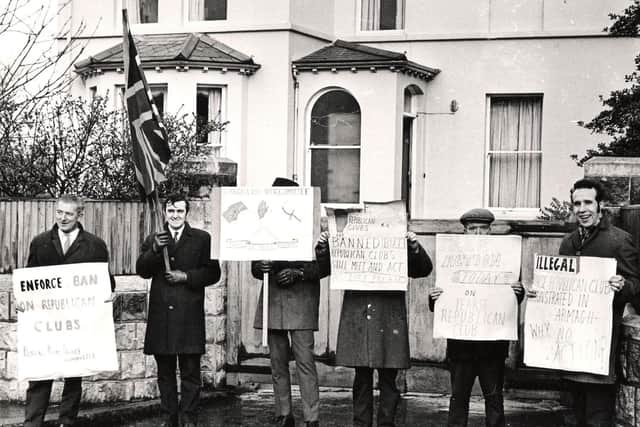 Members of the Donegall Road Defence Committee hold a picket outside the house of the then Minister of Home Affairs, Mr Robert Porter, in Belfast in 1970. The protestors, reported the News Letter, were demonstrating “against the Republican clubs and the refusal of the authorities to enforce the law regarding them”.  Picture: News Letter archives