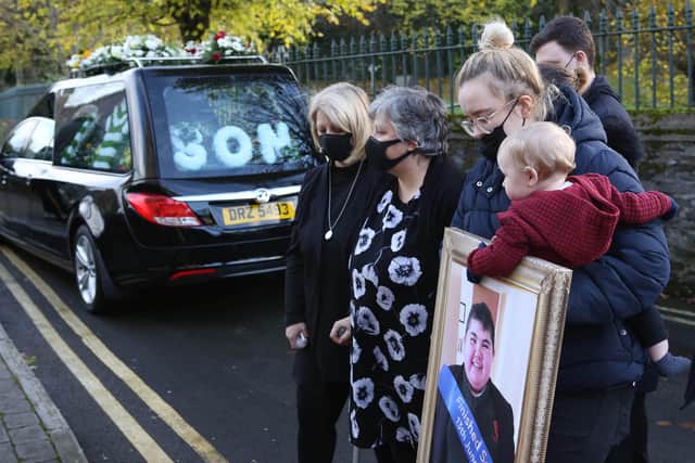 Family bid farewell to Aaron Doherty at his funeral at St. Columba's Church in Londonderry today. Photo by Lorcan Doherty / Press Eye.