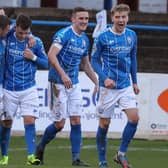 Ben Doherty and team-mates following his Coleraine goal on Saturday against Glentoran. Pic by Pacemaker.