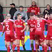 Portadown players celebrate Stephen Murray's goal on Saturday against Warrenpoint Town. Pic by Pacemaker.