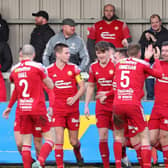 Portadown players celebrate Stephen Murray's goal on Saturday against Warrenpoint Town. Pic by Pacemaker.