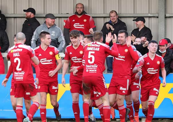 Portadown players celebrate Stephen Murray's goal on Saturday against Warrenpoint Town. Pic by Pacemaker.