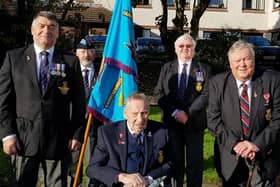 RAF Association colleagues Noel Williams, Joe Corr, Charlie Magill and Kevin McRandle, celebrate with RAF WW11 veteran Billy Boyce.