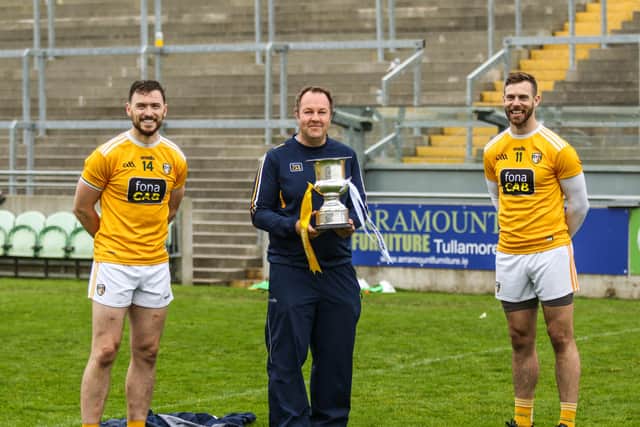 Sean Kelly, Antrim Pro, with Captain Conor McCann and Neil McManus after winning the league title. The Trophy will be displayed at the fundraiser for St Vincent de Paul on Saturday, November 7