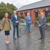 Pictured at the ‘Old Piggery’ are (from Left-right) Sarah Mackie and Gavin Mackie, owners of Larchfield Estate, Alderman Allan Ewart MBE, Chair of Lagan Rural Partnership, DAERA Minister Edwin Poots MLA and Alderman Jim Dillon MBE, Development Committee Chairman of Lisburn and Castlereagh City Council. Photo Simon Graham Photography.