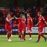 Pacemaker Press 02-11-2020: ToalsBet.Com Co. Antrim Shield Larne V Linfield in Larne.
Larne's David McDaid pictured after scoring his teams 2nd goal during tonights game at Inver Park in Larne, Northern Ireland.
Picture By: Arthur Allison/ Pacemaker Press