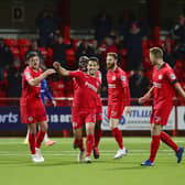 Pacemaker Press 02-11-2020: ToalsBet.Com Co. Antrim Shield Larne V Linfield in Larne.
Larne's David McDaid pictured after scoring his teams 2nd goal during tonights game at Inver Park in Larne, Northern Ireland.
Picture By: Arthur Allison/ Pacemaker Press