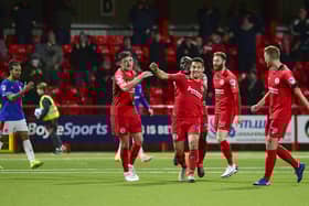 Pacemaker Press 02-11-2020: ToalsBet.Com Co. Antrim Shield Larne V Linfield in Larne.
Larne's David McDaid pictured after scoring his teams 2nd goal during tonights game at Inver Park in Larne, Northern Ireland.
Picture By: Arthur Allison/ Pacemaker Press