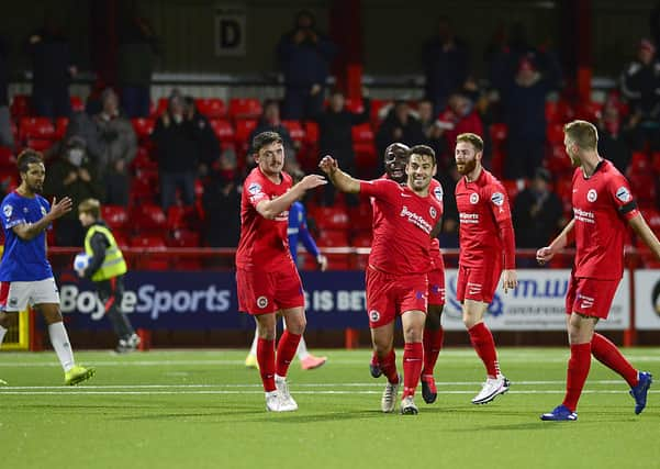 Pacemaker Press 02-11-2020: ToalsBet.Com Co. Antrim Shield Larne V Linfield in Larne.
Larne's David McDaid pictured after scoring his teams 2nd goal during tonights game at Inver Park in Larne, Northern Ireland.
Picture By: Arthur Allison/ Pacemaker Press